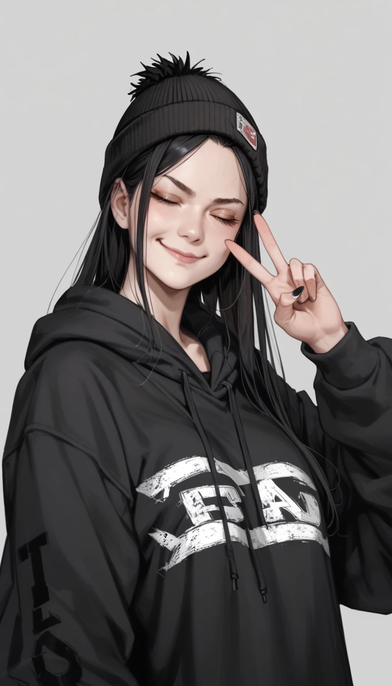 Cartoon of a girl, closed mouth, smirk, closed eyes, looking at viewer, black hair, long hair, baggy hoodie, black hoodie, black beanie, v sign, simple background, grey background