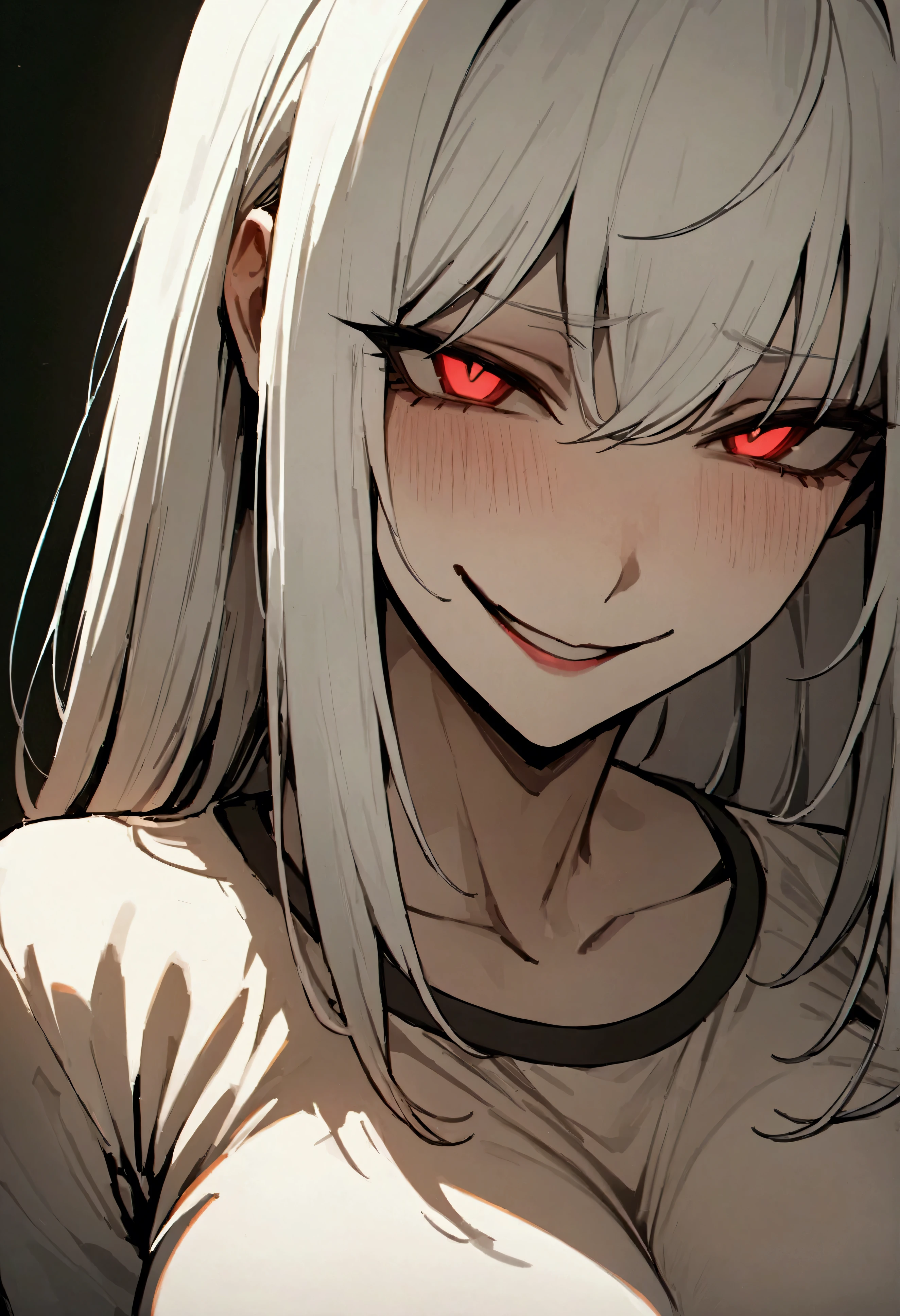 (masterpiece:1.2, The best quality), 1 woman, top del cuerpo, fitted shirt, casual, big breasts, white hair, Minimalist makeup,pale,natural fabrics, close up of face, evil smile, bright red eyes circular pupils,8k high resolution, detailed lines, ((top)),greeting, we salute