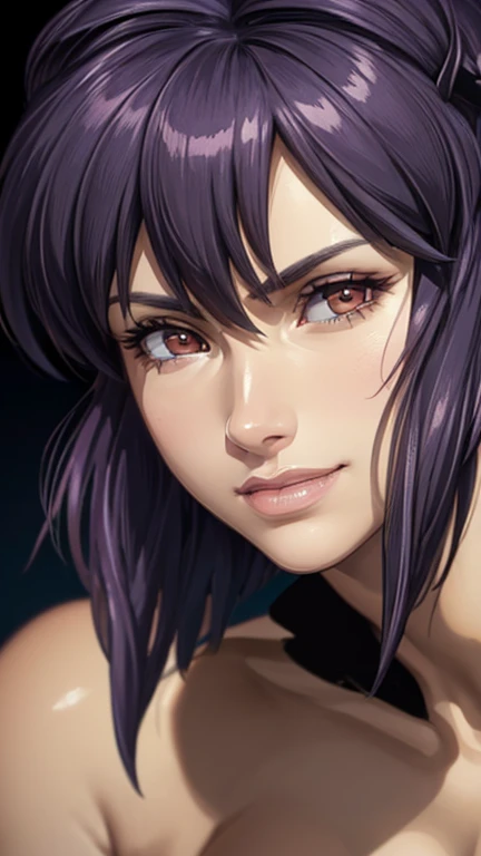 ("Smiling face": 1.5), Lavender medium hair, Tube top, (Close-up portrait of face: 1.5), (Best Quality, 4k, 8k, High Resolution, Masterpiece: 1.2), Ultra Detailed, (Realistic, Photorealistic, Photorealistic: 1.37), HDR, UHD, Studio Lighting, Ultra Fine Painting, Sharp Focus, Physically Based Rendering, Highly Detailed, Professional, Vivid colors, Bokeh, Exquisite details, Cinematic lighting, Warm tones, Natural skin tones, Beautifully detailed eyes, Beautifully detailed lips, Highly detailed eyes and face, Long eyelashes, Calm expression, Staring straight into the camera. "Kusanagi Motoko"