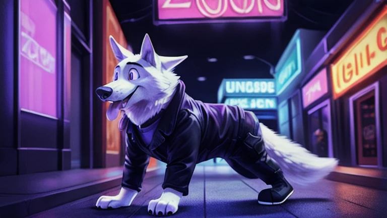 cute cartoon of a (gary \(zootopia\)) wearing a (leather jacket), solo, wolf, white fur, tongue out, completely glowing purple eyes with no irises or pupils, walking on all fours, BREAK, background gay bar, neon lights, sexual depravity, BREAK, (intricate, high detail, film photography, soft focus, RAW candid cinema, photorealism, realistic, photorealistic, analog style, subsurface scattering, masterpiece, best quality, ultra realistic, 8k), 