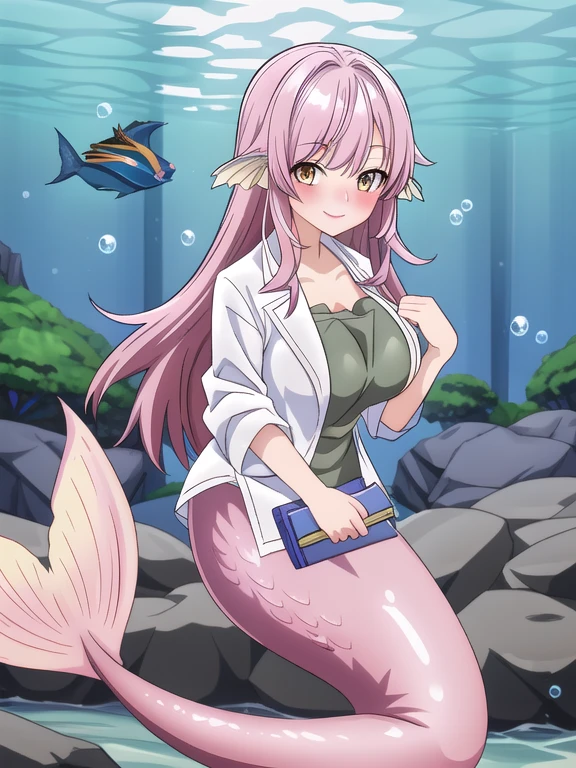 Fate mermaid Sawadaさん - Teacher Sawada Isekai de Cheat Skill wo Te ni Shita Ore wa / Sawada (I got cheat abilities in another world), tall, mature, long pink hair, yellow eyes, gigantic breasts, underwater sea, bubble airs, smile, red blush, looking at viewer,