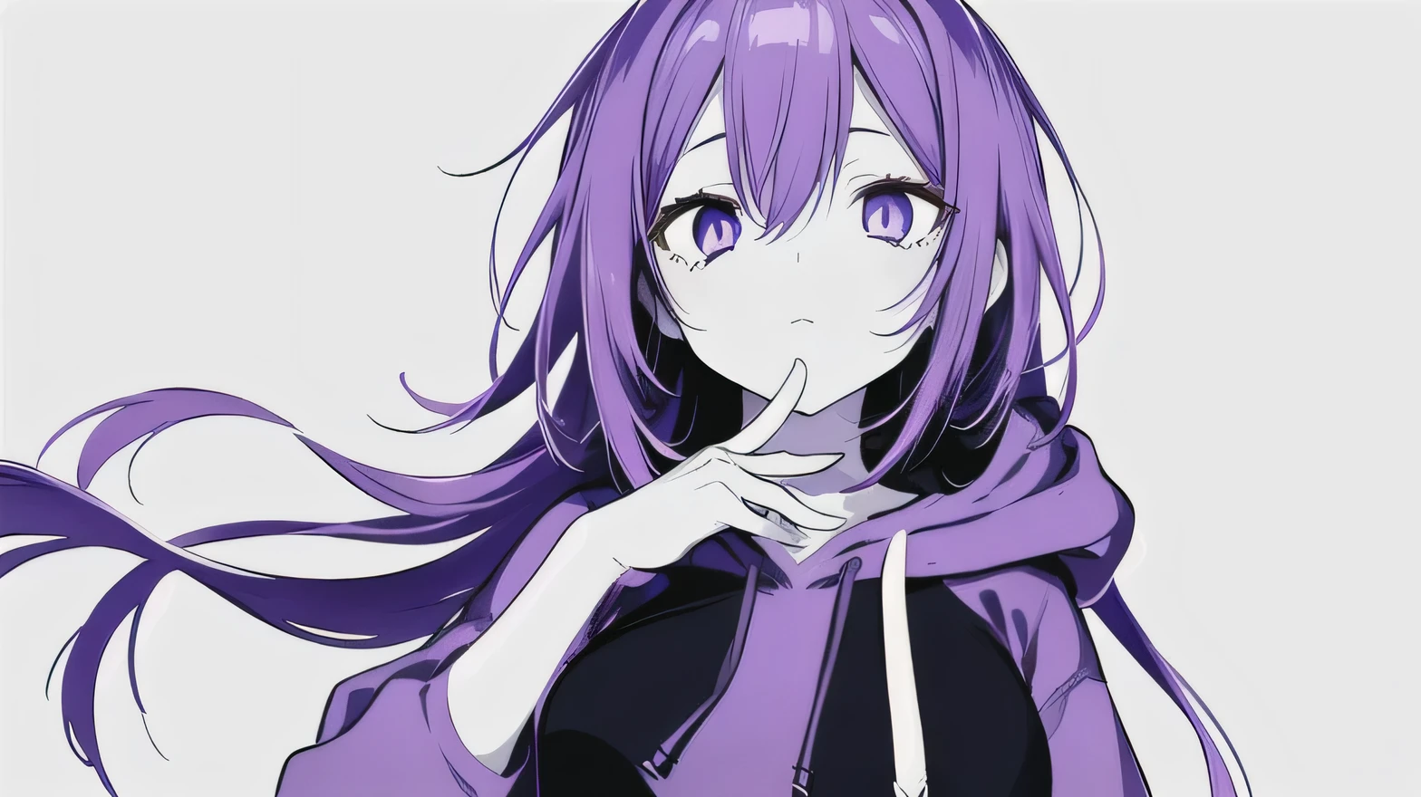 ((((ultra illustrated style:1.0)))),best quality, best animated, masterpiece, flat color, line art, 1girl, solo, violet hair and violet eyes, A hand gently placed on the front, fingers spread slightly, hoodie, upper body, white background, looking up, front view, from front, simple background, violet theme,