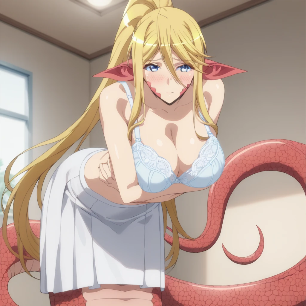 Full body, Centorea Sianus, lamia, scales yellow lamia tail below waistline, long hair, blonde hair, ponytail hair, blue eyes, white bra, white skirt shy, looking at viewer, red blush, large breasts, leaning forward, at bedroom, 