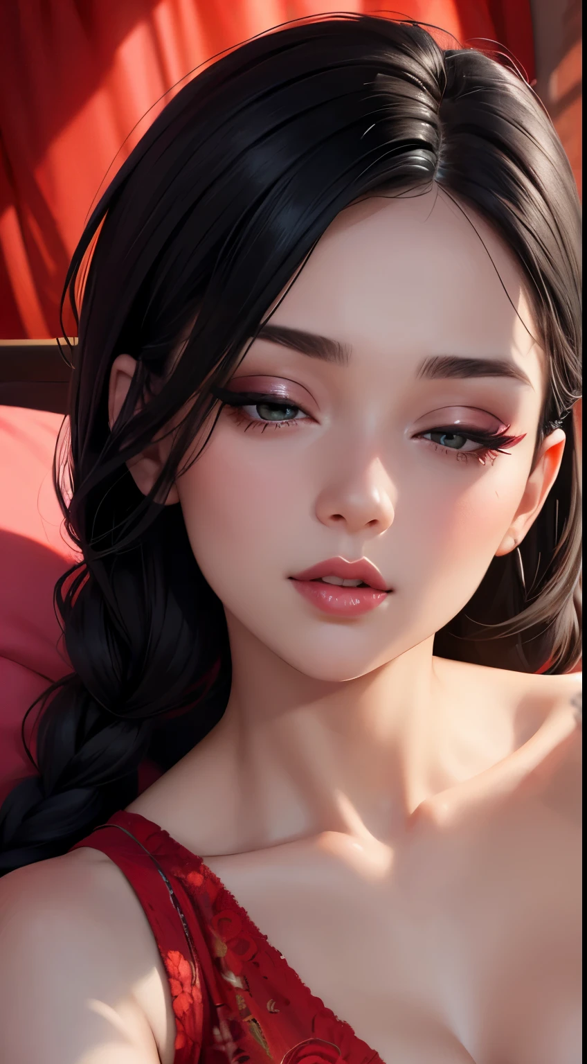 Amazing portrait of a woman who is 30 years old and an adult and a sexy woman in a bedroom with a beautiful detailed face emphasised by some amazing makeup wearing a red maxi dress with green floral patterns and a square neckline that emphasizes her medium chest and short sleeves pulled off her shoulder showcasing her bare shoulder with a lustful expression heightened by her seductive eyes with smokey eyeliner with her black hair in a long braid laying in bed and tilting her head to the side exposing her delicate porcelain neck as she's beneath us during night time with soft lighting showcasing her red lips and her beautiful face in detail and close up