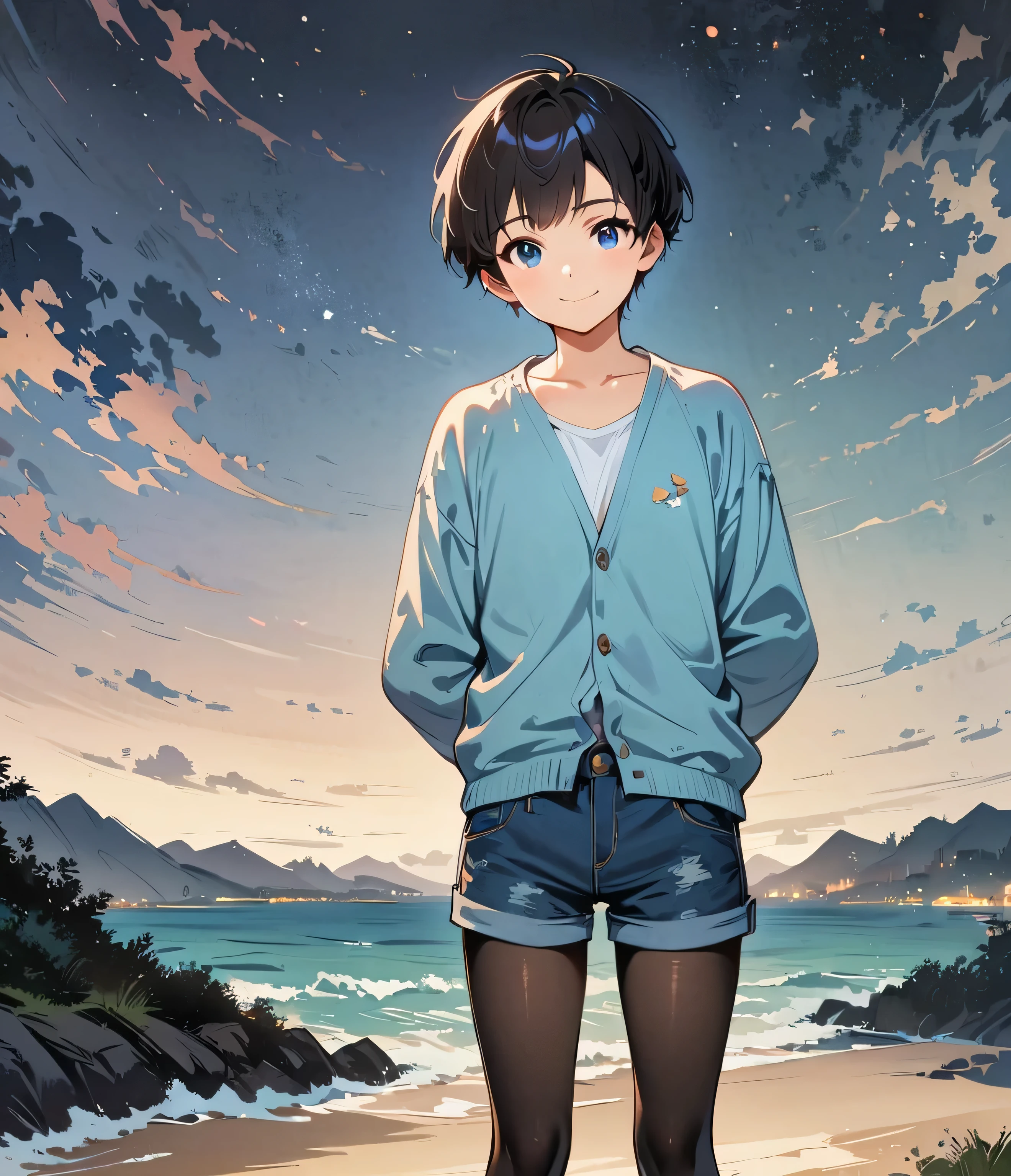 Illustration of a cute boy. ((He is wearing very short denim shorts. He is wearing a cardigan over his shirt and denim shorts and black short tights)). He is smiling with his head tilted to the side. The background is a night view of a hill with a view of the sea. (1boy), (solo), (young boy), (very short hair, pixie cut hair, shiny black hair), (clear blue eyes), (flat chest), (standing), (best quality, high quality), high resolution, (masterpiece, 8k), (detailed eyes), detailed hair, detailed face, (arms behind back), night , (beautiful background), background blur, (beautiful illustration), (from front view), looking at me,