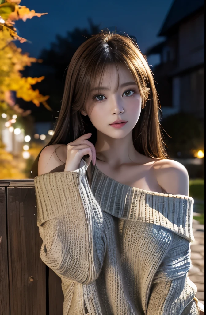 Best Quality, Ultra-high resolution, Ultra high definition, clear_image, Detailed Background ,girl_sexy Mana, sweater,Unbalanced off-shoulder, Deepening Autumn,garden,moon, night,Cinematic Lighting, 8K RAW photo,