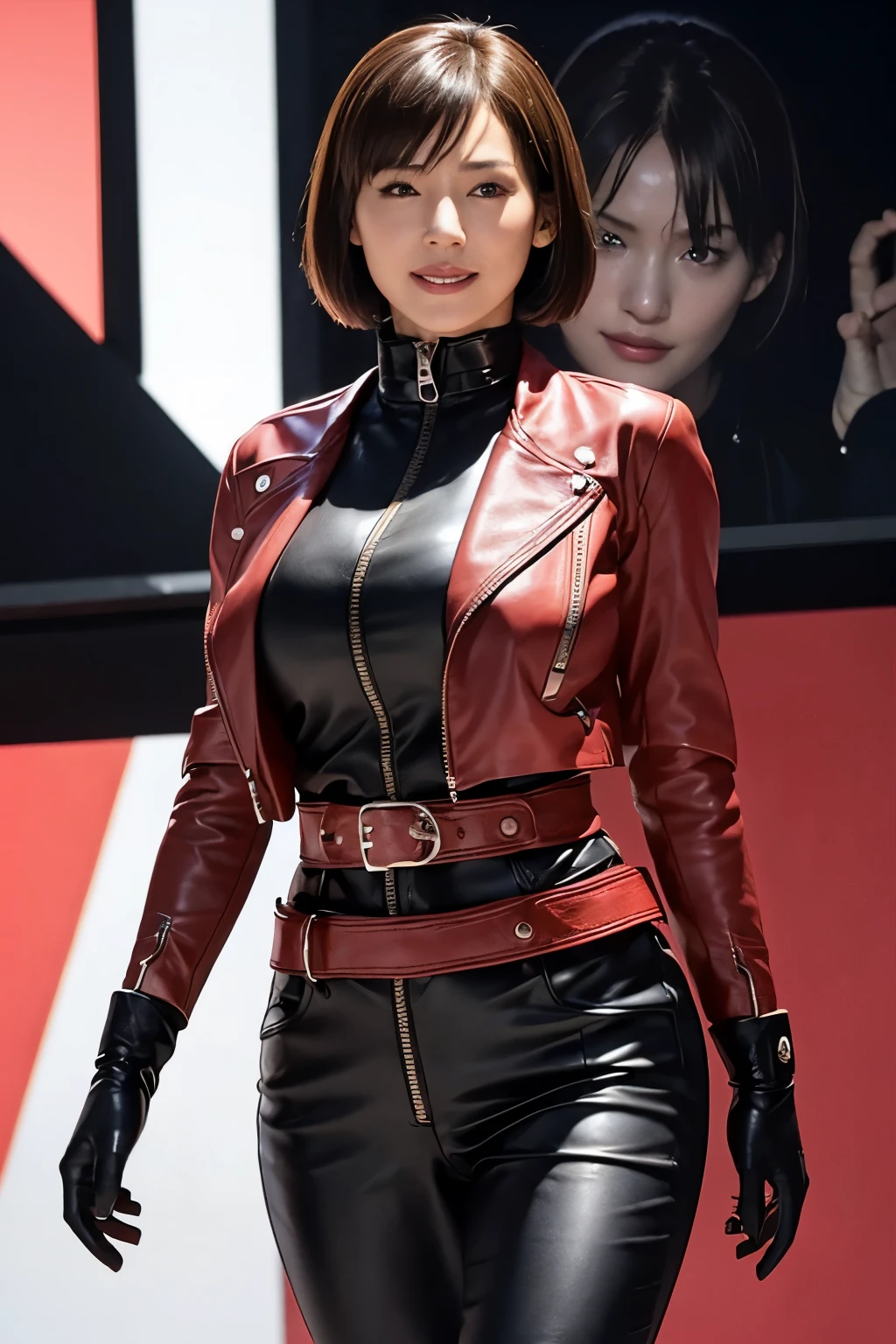 (Realism:1.4),Resident Evil 6,Ada,Short Hair,No background,look at me,A body that makes you want to touch it,foxy make up,The most beautiful stars,Photorealistic,Ultra HD,high quality,masterpiece,Detailed details,Anatomical basis,Depicted in detail,A detailed face,Realistic skin texture,Vivid details,Perfect Anatomy,Perfect Anatomy,Anatomically correct hand,Anatomically correct fingers,Super Detail,Pink Lips,fearless smile,she is Wearing ((long sleeve rider jacket(red leather))(((close the zipper tightly)))) and ((one waist belt)(Black leather)(metal buckle)) and ((Skinny long pants(Black leather))) and ((((gloves)))(black leather)),intelligent and beautiful star model,(chin is thin),Costume made of thick leather fabric,Japanese female new recruits (under huge breasts)(slender body shape)(Black leather gloves cover both hands) ,younger face,cowboy shot photo,