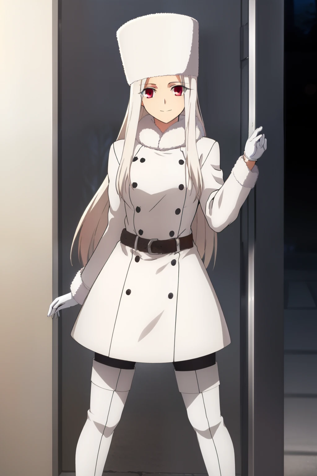 Irisviel Von Einzbern, full body, (large breasts), oversized breasts, long hair, (platinum-blonde hair), white fur coat, (belt), white gloves, white thighhigh boots, white fur hat, solo, facing the viewer, looking at the viewer, smile, closed mouth, night time, dark, 