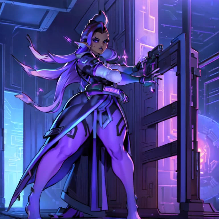 (masterpiece, best quality: 1.4),(very detailed face, semi-realistic skin, realistic body, intricate details),
( ultra-detailed),(1girl:1.4), mature woman, MILF,  CG, anime style of  (((Sombra:1.1)) a ((Overwatch)) character of in style of  the Video game. she's beautiful, exotic,Standing 5 ft 4 in tall, Sombra is a latino woman with long brown hair that has purple highlights towards the end. The left side of her head is partially shaved, with blue cables overlaying across her exposed scalp. She has a beauty mark below her left eye, and both of her ears are pierced. Beautiful breasts, Her outfit consists of a black trenchcoat and leggings, with the collar raised. The ends of her sleeves and leggings are a mix of blue and purple, with spikes extending from her fingers on each hand. A small belt of grenades rests on her left hip, while her right hand holds her primary weapon, a machine pistol , absurdres, unity dynamism, solo, ((( Full-body))) artwork, ( whole body from head to toe) is shown, scenery, night, (( Mexico city:1.4)) background.