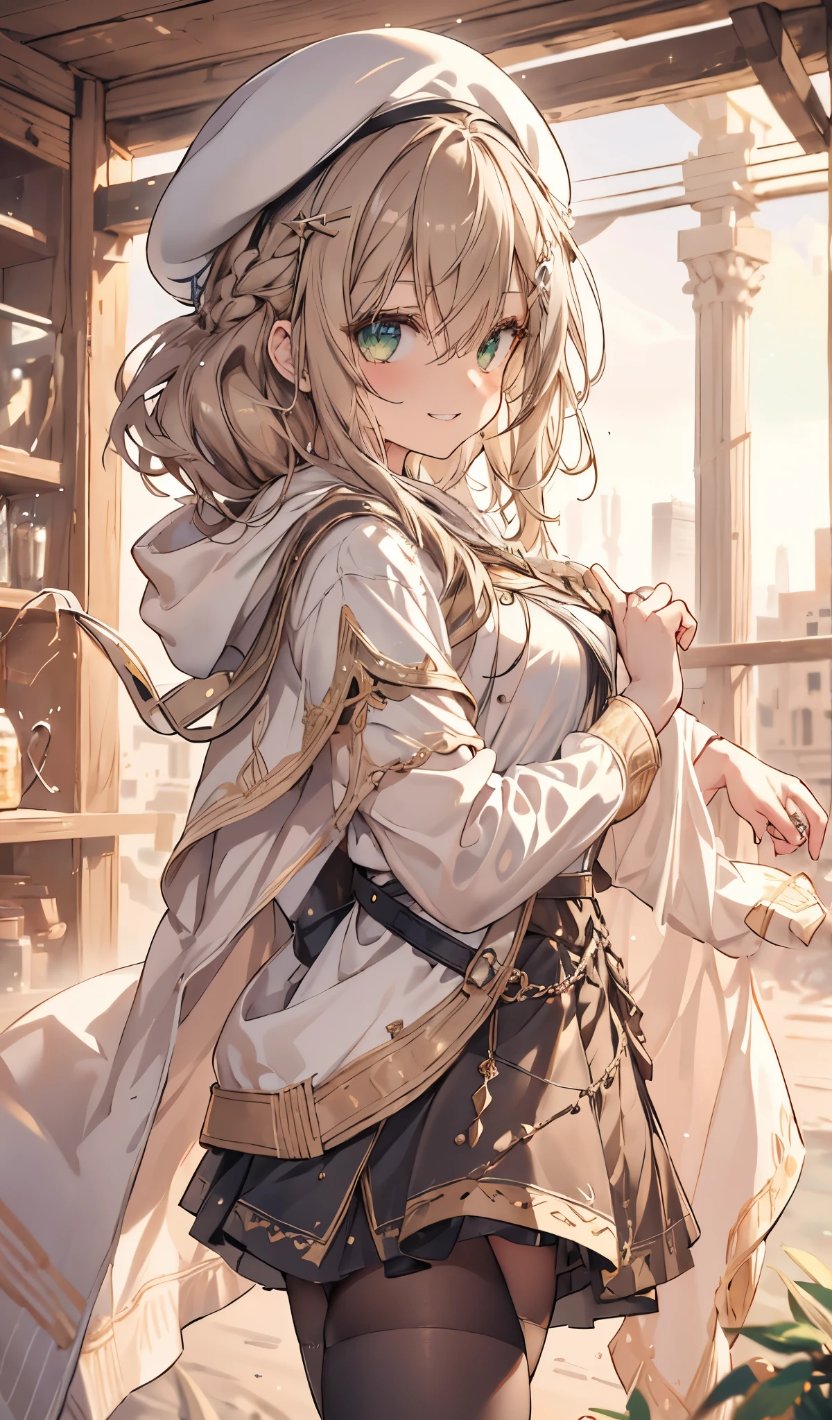 masterpiece, 8k, 1girl, sparrow, a light brown haired girl, wearing a persian priestess uniform, curly medium hair, messy hair, black skirt, slim body, wearing white cape coat with white hoody, big breasts, she close her left eye, shirt ornament, ppai, coquettish expression, beautiful breasts, rounded breasts, green eyes, dress, long skirt, medieval city, ahoge, she wearing her hoody, seductive smile, braid hair, nagisa_bluearchive, rainbow_one, white shirt, standing, white beret, hagia sophia, sleepy eyes, white pantyhose, plaid skirt, persian, naughty girl, she tease you, obscene smile, sparkle, naughty grin, naughty eyes, naughty gaze, view from right side