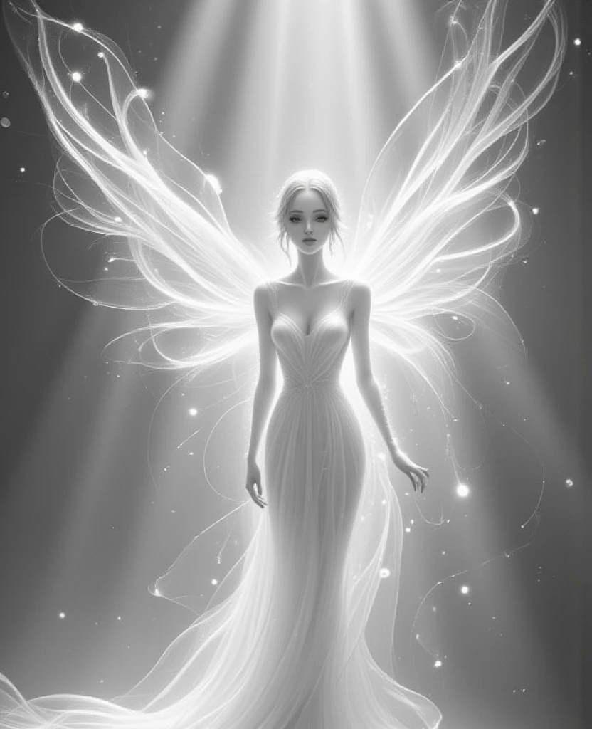 An ethereal angelic figure, sketched in a minimalist style with delicate wings and a serene expression, bathed in soft lighting. This monochrome, dreamlike creation evokes a celestial ambiance, reminiscent of the fantasy art by Aaron Blaise and Loish, capturing an essence of ethereal beauty and angelic grace, rendered in a stunning 32k resolution.,create figure 2,VNS_Add more details