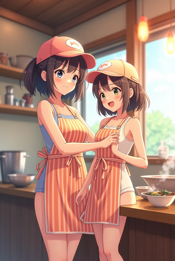 Mother and two daughters、naked、barbecue、T-Shirts、Showing underboob、naked、short hair with twin tails、Wide forehead