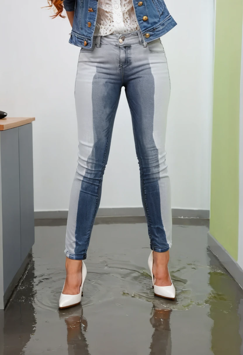 attractive blonde woman wearing skinny jeans, flat heel pumps, white blouse, standing in an office,  wetting, big smile, pee stains are gleaming wet, shoes are flooded with pee,  jeans are soaked with pee below the knees