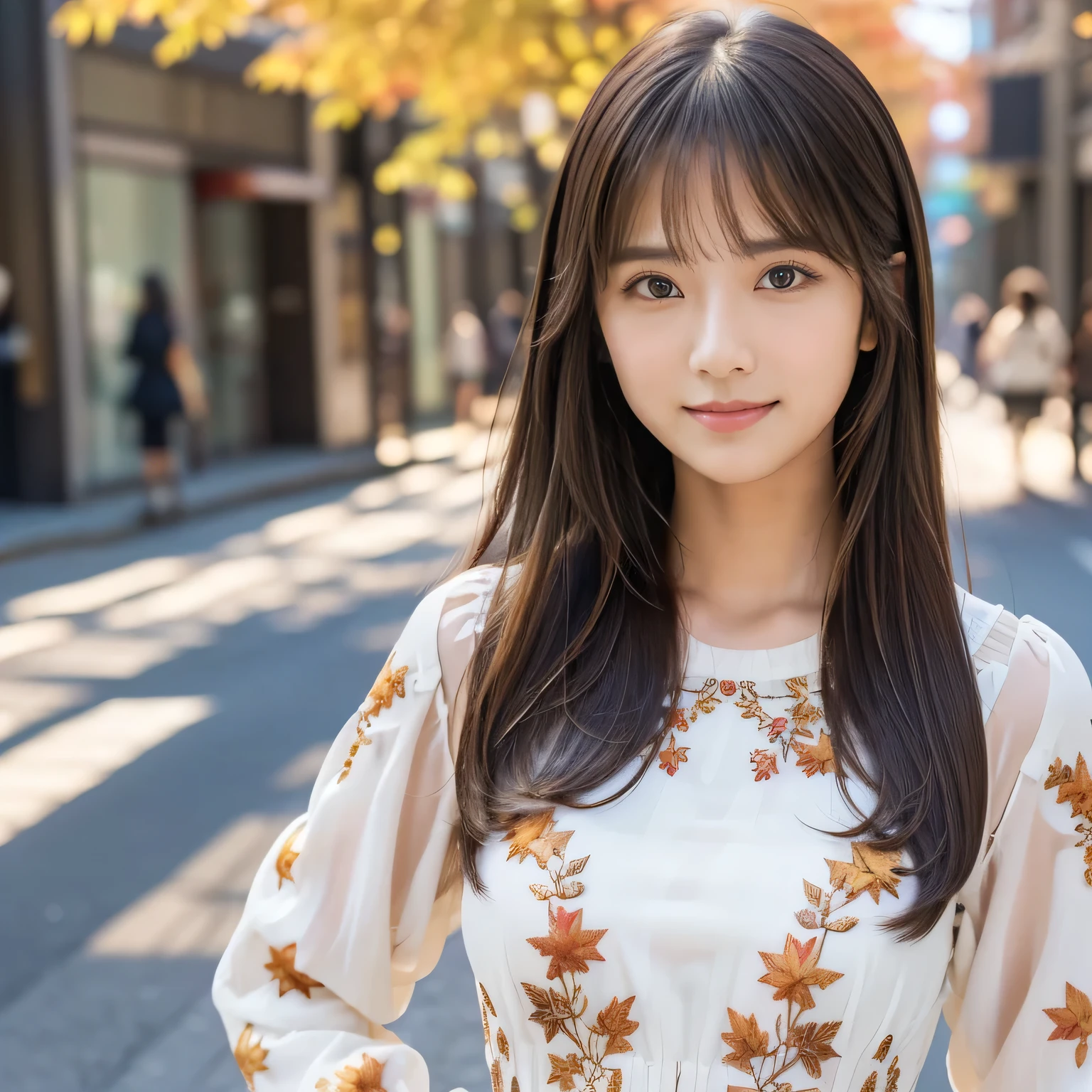 (Calm and gentle expression:1.0), (Full Body Shot:1.3), (panorama:1.0), Cinema Lighting, ((Best Quality)), (RAW Photos, Best Quality), ( Realistic:1.4), Realism, masterpiece, Very delicate and beautiful, Very detailed, 4k wallpaper, wonderful, finely, Very detailed CG unity 8k wallpaper, Very detailed, High resolution, Soft Light, Japanese, (one shot:1.9), (22 years old:1.6), (Round face:1.2), (Fat:0.8), (A very neat woman, A very pure woman:1.5), Beautiful detailed woman,Famous Japanese actresses, Detailed face, Finely beautiful eyes, Very detailedな目と顔, Beautiful eyes and a beautifully detailed nose, Ultra HD glossy lips, (Straight Hair:1.4), Shiny Hair, Shiny Hair, Brown Hair, (bangs:1.4), Toned body, (Smiling:1.4), Glossy and moisturized lips, Natural Makeup, (LET IT GO, Small floral pattern, Kinari, Long sleeve dress, Long Dress:1.4), (embroidery, Very intricately decorated long sleeve dress:1.3), Accentuate your body lines, (Skyscraper district, A model posing in a busy downtown area in autumn:1.5),