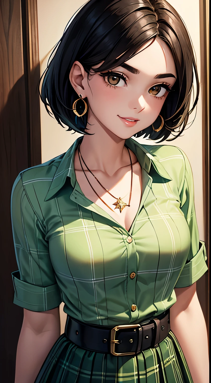 Amazing portrait of the upper body of a young woman who is 20 years old with a beautiful and highly detailed face and skin texture with fine brown eyes with double eyelid and thin eyebrows and glitter eyeliner with natural cheeks and shiny skin wearing a light green checked shirt tucked into dark green skirt with a black belt paired with a sparkly necklace and earrings with glossy lips parted in an enchanting smile with black short bob hair with focus on her chest and face with this upper body shot and her small breasts