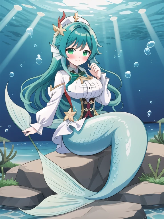 fate mermaid wendy-genshin（Venti-Genshin Impact), tall, mature, long hair, green eyes, gigantic breasts, underwater sea, bubble airs, smile, red blush, looking at viewer,