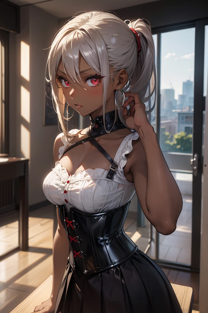 ((best quality)), ((masterpiece)), (detailed), perfect face, 4K, ambient lighting, highly detailed, beautiful, loli, solo, small breasts, open clothes, nipples, maid, white hair, twintails, braided hair, long hair, upper body, corset,