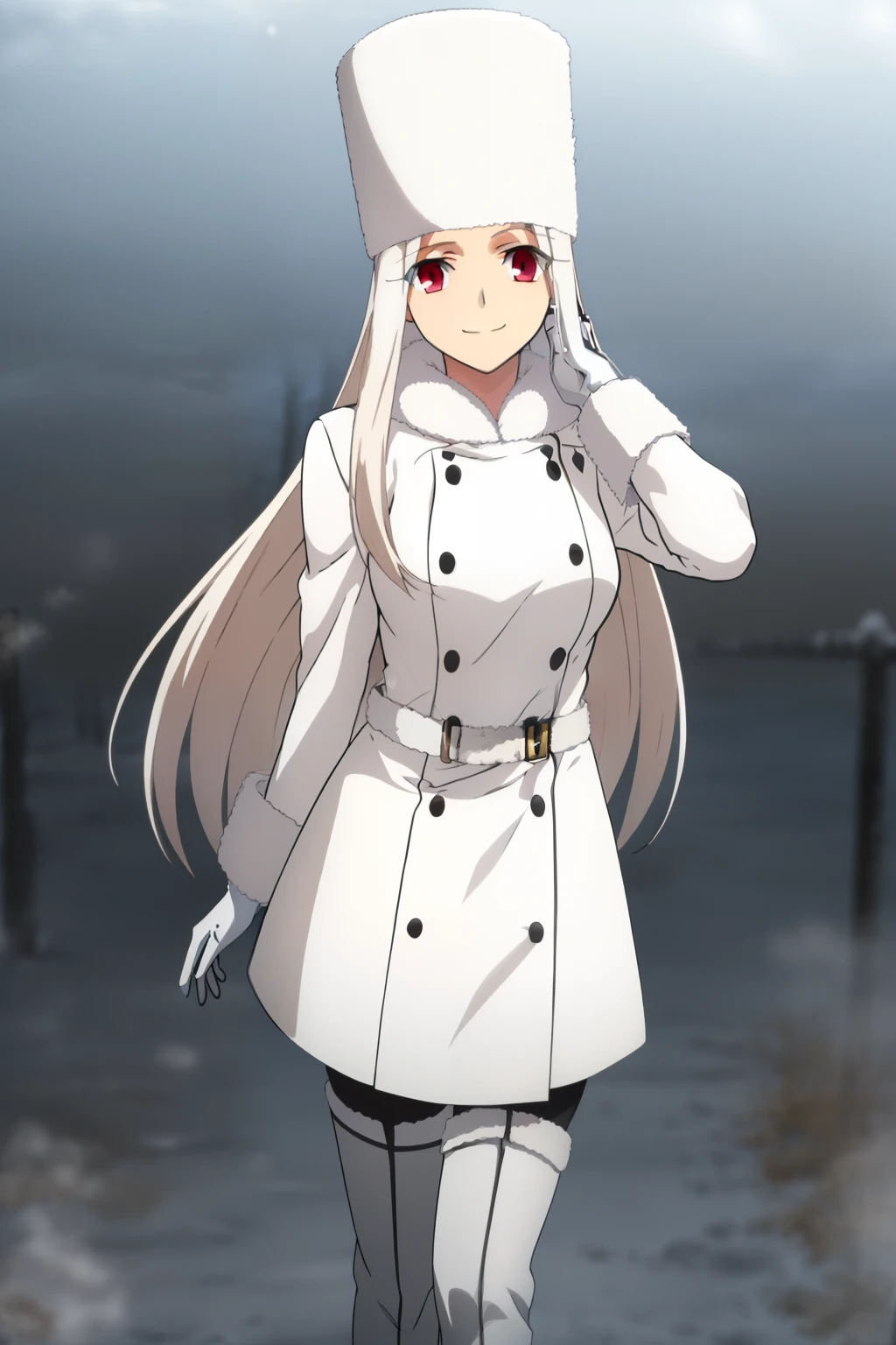 Irisviel Von Einzbern, full body, (large breasts), oversized breasts, long hair, (platinum-blonde hair), white fur coat, (belt), white gloves, white thighhigh boots, white fur hat, solo, facing the viewer, looking at the viewer, smile, closed mouth, outdoors, foggy weather, snow, 