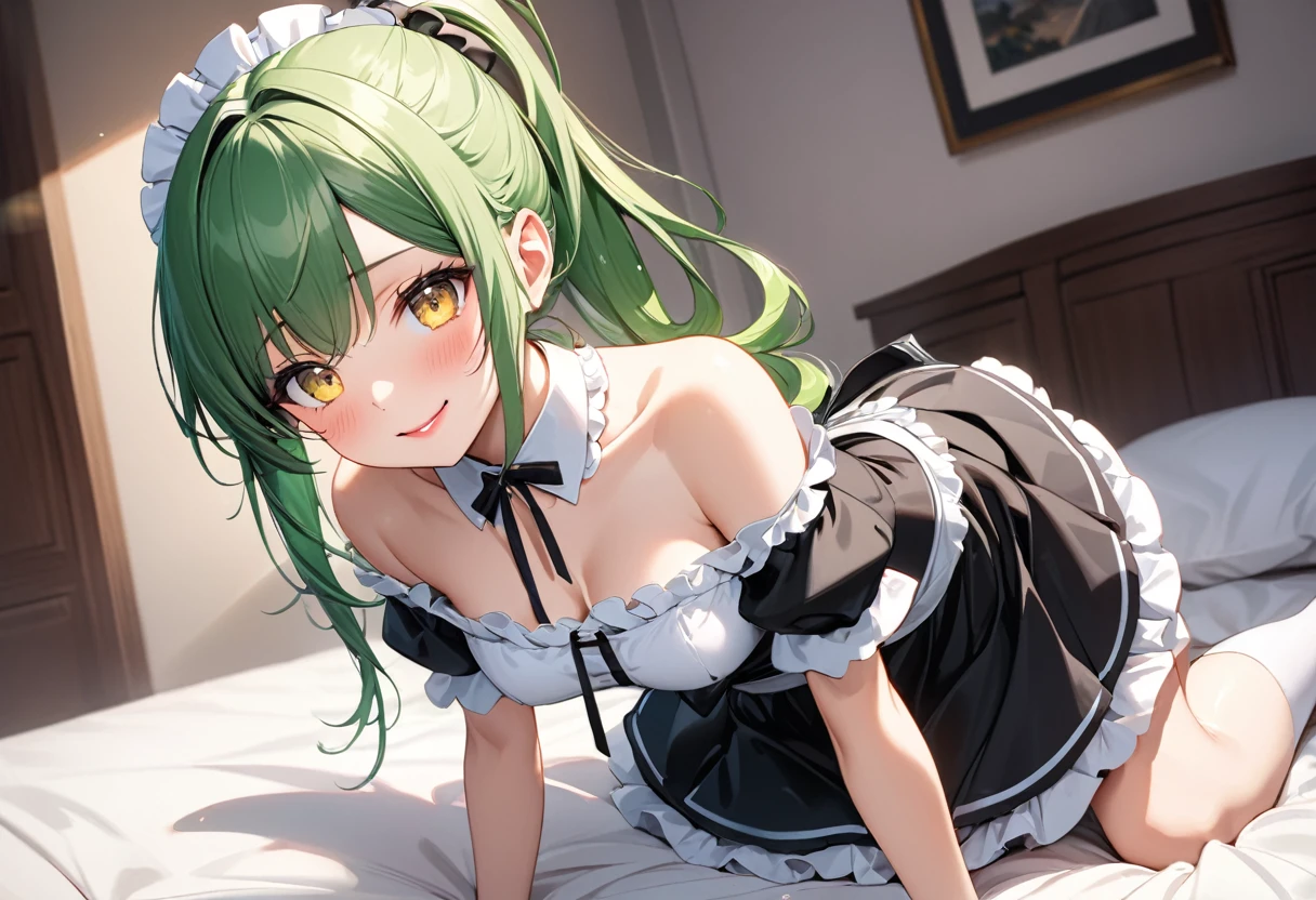 (relax style) (sitting, spread legs, crossed ankles:1.2), (soro:2, 15 yo, ponytail green hair long hair cute girl, sexy yellow eyes, grin smile, love smile, medium:1.3 tits), in a maid clothes, break, in the cute bedroom, BREAK, perfect anatomy, masterpiece, best quality, 16k, beautiful detailed grow, daydreaming expression.