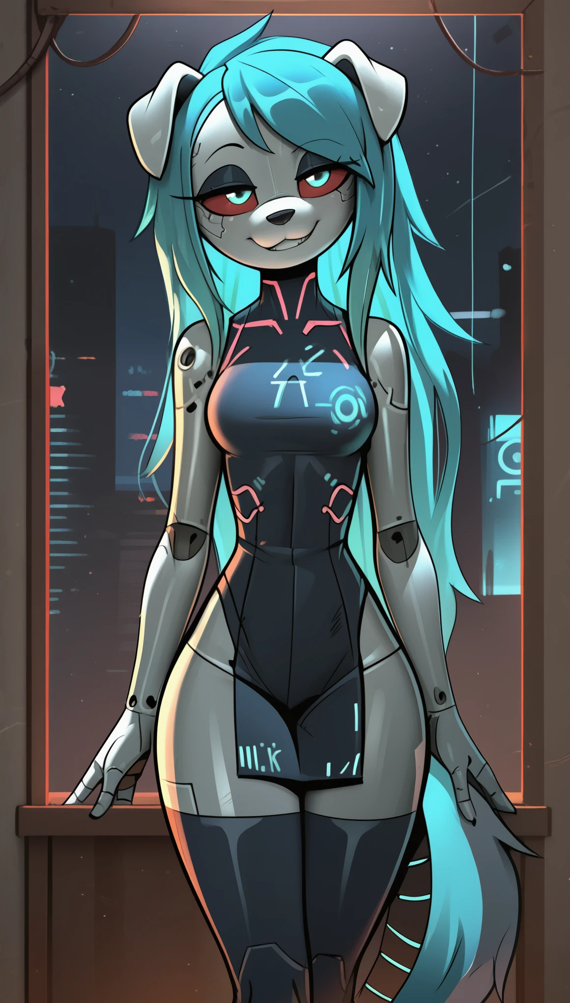 masterpiece, best quality, seductive expression, 1boy, anthro, furry, metallic body, (gray body), gray fur, dog girl, furry, dog ears, animal nose, half-closed eyes, black sclera, cyan eyes, dog tail, cyan hair, long hair, messy hair, (holographic hair), solo, (bedroom), (cyberpunk), (midnight), detailed, standing, (robot, android), cute grin, head tilt, woman (25 years), medium breast, thick thighs, black dress (assistant outfit), sleeveless dress, black stockings, (jizoku), score_9, score_8_up, score_7_up, score_6_up, score_5_up, score_4_up