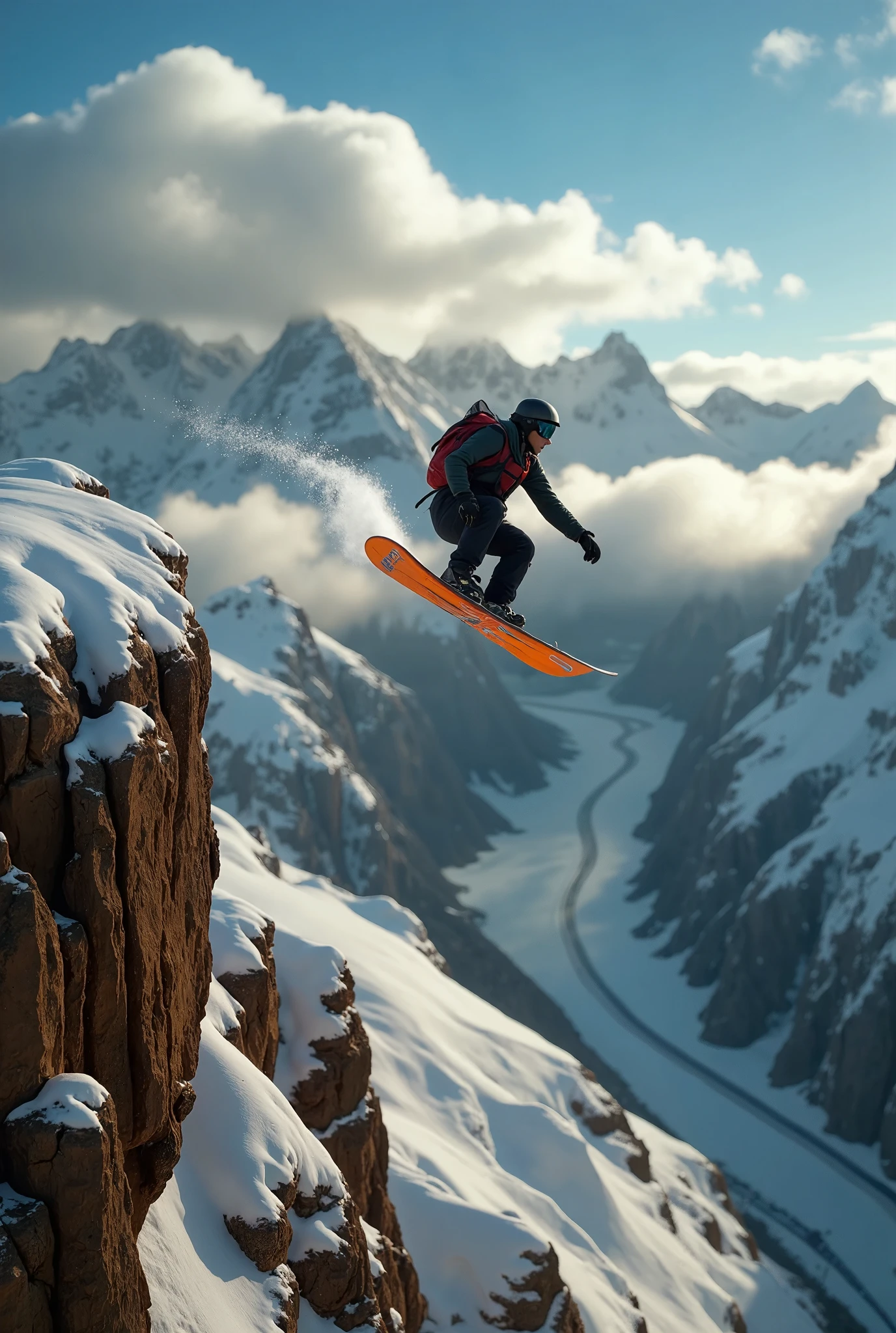 Create an impossibly dramatic, high-fidelity image of a snow surfer captured from a high-angle, third-person perspective just behind them, as they perform a dangerous, impossible jump off a colossal, snow-covered cliff. The background is a breathtaking, majestic snowy valley, with towering, jagged mountains and vast expanses of untouched snow stretching into the distance. The valley below is shrouded in mist, adding to the sense of scale and isolation.

The snow surfer, mid-air, is launching off a sheer cliff, with an extreme drop into the valley below—an impossible feat of danger. Snow kicks up behind them in a dramatic spray, catching the sunlight as they soar through the air. The surfer’s futuristic, high-tech gear adds to the sense of control and precision as they navigate an environment that no one could survive in real life.

The background features a panoramic view of the snowy valley and towering mountains, with swirling clouds and sunlight casting golden highlights on the snow. The impossible physics of the jump and the immense scale of the landscape create a surreal, heart-stopping moment of ultimate risk and beauty, combining awe and danger in a scene that defies reality.