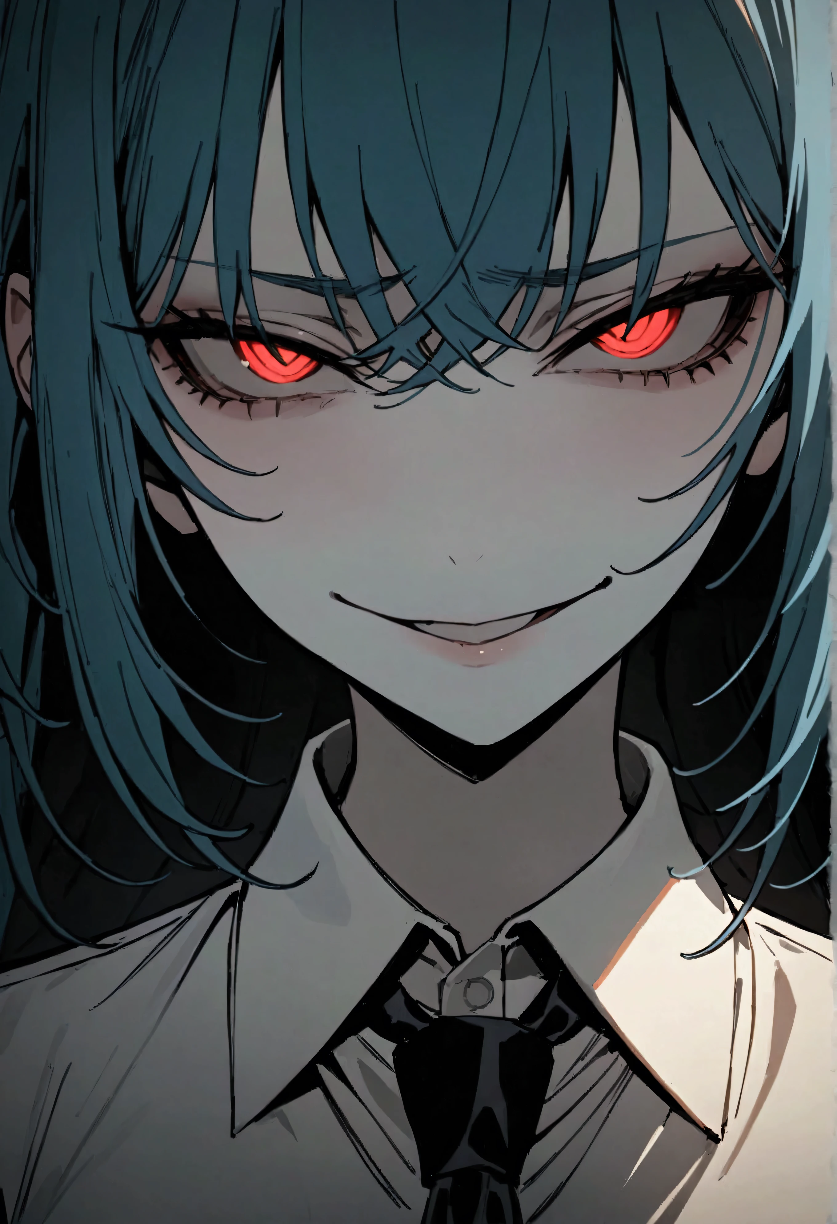 (masterpiece:1.2, The best quality), 1 woman, top del cuerpo, Long sleeve shirt, black tie, casual, medium breasts, blue hair, Minimalist makeup,pale,natural fabrics, close up of face, evil smile, bright red eyes circular pupils,8k high resolution, detailed lines, ((top)),