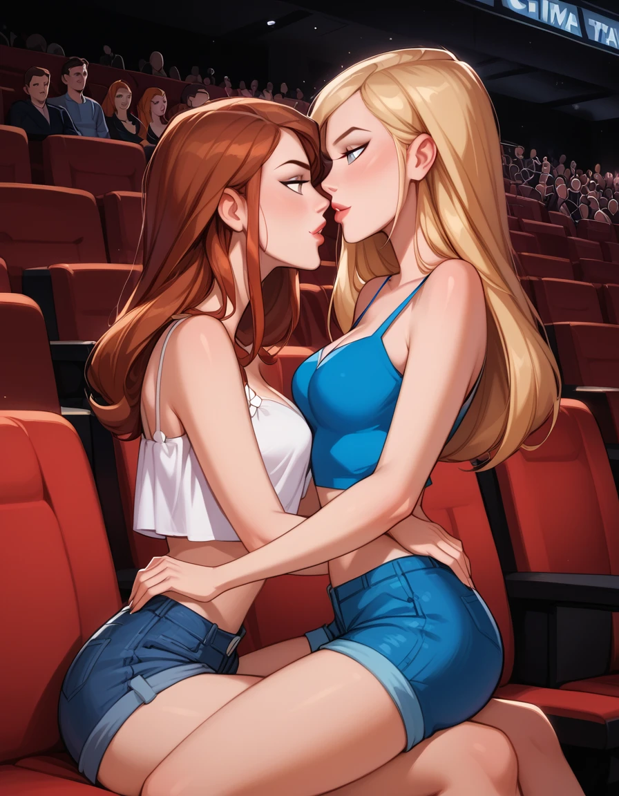 score_9, score_8_up, score_7_up, dcaustyle, source_cartoon, 2girls, duo, couple, yuri, (Kara Zor-El, blonde:1.3) and (Barbara Gordon, reddish brown hair:1.2), wearing sexy casual shorts and top, bare arms, bare shoulders, cleavage, midriff, flirt, gaze, sexy look, head tilt, filled lips, thick lips, makeup, in a (movie theater, cinema, large crowd, no empty seats:1.4), romantic date, in love, (Barbara is straddling Kara, sitting on her lap:1.4), looking into one each others eyes, face to face, embracing, in heat, expressiveh d4rk01l, perfect hands, perfect proportions, (side view, cowboy shot:1.5).