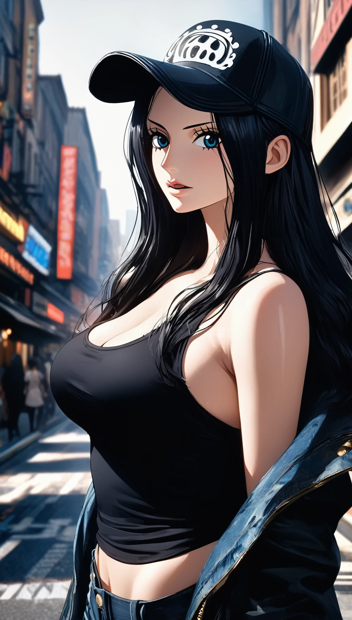 masterpiece, best quality), intricate details, 1 girl, woman, black hair, nico robin \ (one piece\), (long hair), baseball cap, black tank top, open fur jacket, large breast, black jeans, female focus, outdoors, city, looking at viewer, ((front view)) ((close up shot)) ((solo)) detailed, very high resolution, no blurry image, full body, blue eyes, straight hair, ((nico robin from one piece)) ((female nico robin from one piece)), outdoors, city, street 