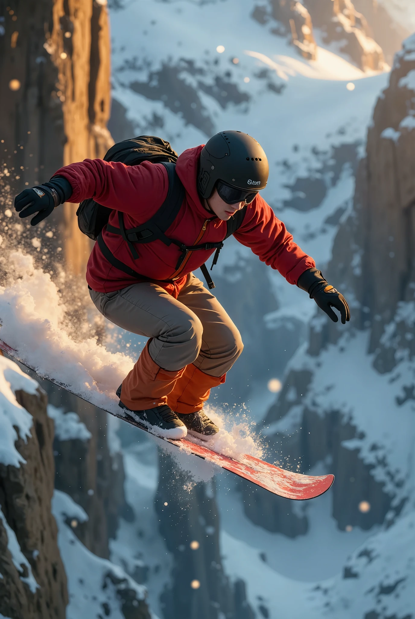 Create an impossibly dramatic, high-fidelity image of an extreme snow surfer, captured from a high-angle, third-person perspective just behind the surfer as they perform an impossible jump off a colossal, snow-covered cliff. The scene is set against a breathtaking, majestic snowy valley, with towering, jagged mountains and vast expanses of untouched snow stretching into the distance. The valley below is shrouded in mist and clouds, emphasizing the immense scale and isolation.

The snow surfer, mid-air, launches off a steep cliff that juts into the open void, with nothing but air beneath them and a dizzying drop into the valley below. The jump’s angle and height are beyond anything possible in real life, showcasing impossible danger. The snowboarder twists through the air, their board cutting through the cold atmosphere. Snow sprays behind, catching the sunlight and creating glistening particles that float like frozen sparks.

The snow surfer wears high-tech, futuristic snow gear, with aerodynamic designs and vibrant colors standing out against the stark white snow. Their stance exudes control and skill, defying the laws of physics in this perilous environment.

The background features an awe-inspiring, panoramic view of the snowy valley, with towering mountains casting long shadows. The clouds swirl around the peaks, partially obscured by mist, as the sun casts a golden light over the snow and icy surfaces.

This image conveys the impossible danger and awe of the jump, with extreme height and hazardous terrain making it clear that no real snowboarder could survive such a stunt. The impossible physics and stunning landscape create a surreal, heart-stopping moment of frozen beauty and ultimate risk.