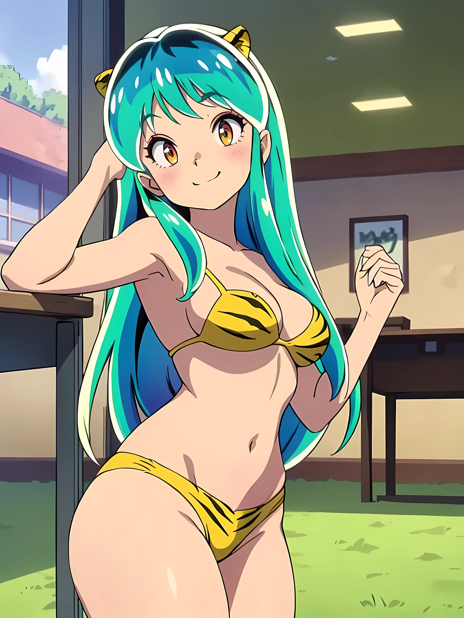 masterpiece, Best Quality, 1 Girl, Lum, Tiger print micro bikini, nose blush, mature, From the front, A kind smile, anime, sexy, High definition, classroom, Greenish silver hair, Shake your head, Backlight, Girly behavior, barefoot