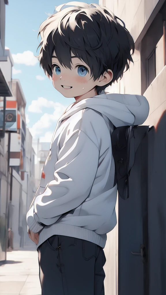 Highres, (Masterpiece), Best quality at best, Best Quality, hight quality, hight detailed, (1boy), solo, child, Shota, black hair, blue eyes, smiling, short hoodie, jean, (small and short body), light skyblue Simple beckground, Little sweat, arms behind back,