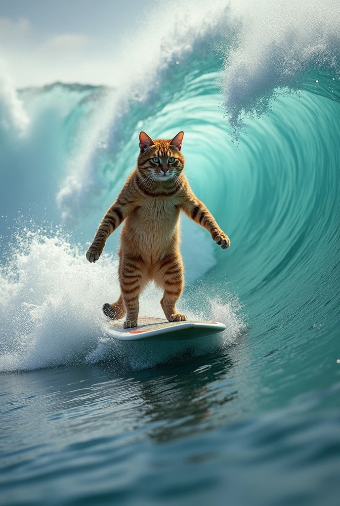 detailed, High detail, Surreal Photography, Photo of a cat surfing, Bipedal Cat Surfer, Scenes you want to capture with a high-speed camera, He performs some splendid tricks on the big waves., How to properly ride a surfboard, detailedな波, detailedな波しぶき, Cool Photos,