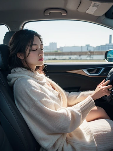A woman drives a car with a wet towel wrapped around her face