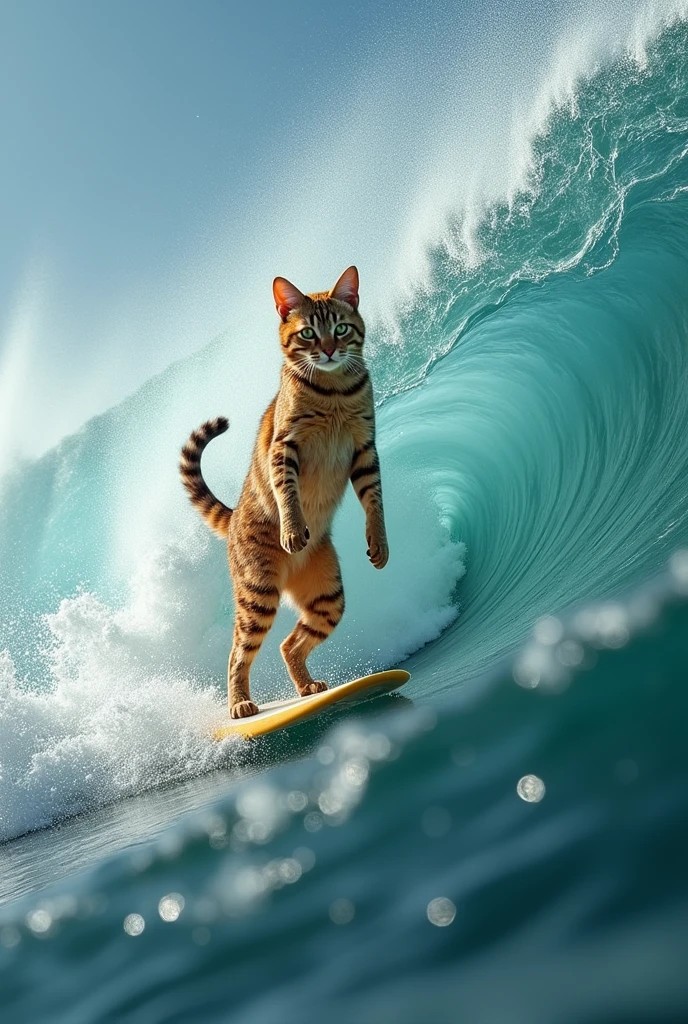 detailed, High detail, Surreal Photography, Photo of a cat surfing, Bipedal Cat Surfer, Scenes you want to capture with a high-speed camera, He performs some splendid tricks on the big waves., How to properly ride a surfboard, detailedな波, detailedな波しぶき, Cool Photos,