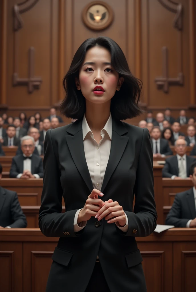 A Korean female politician, standing at hall, wearing open shirt with no bra and brown pant, short hair, point finger up, audience looking at her