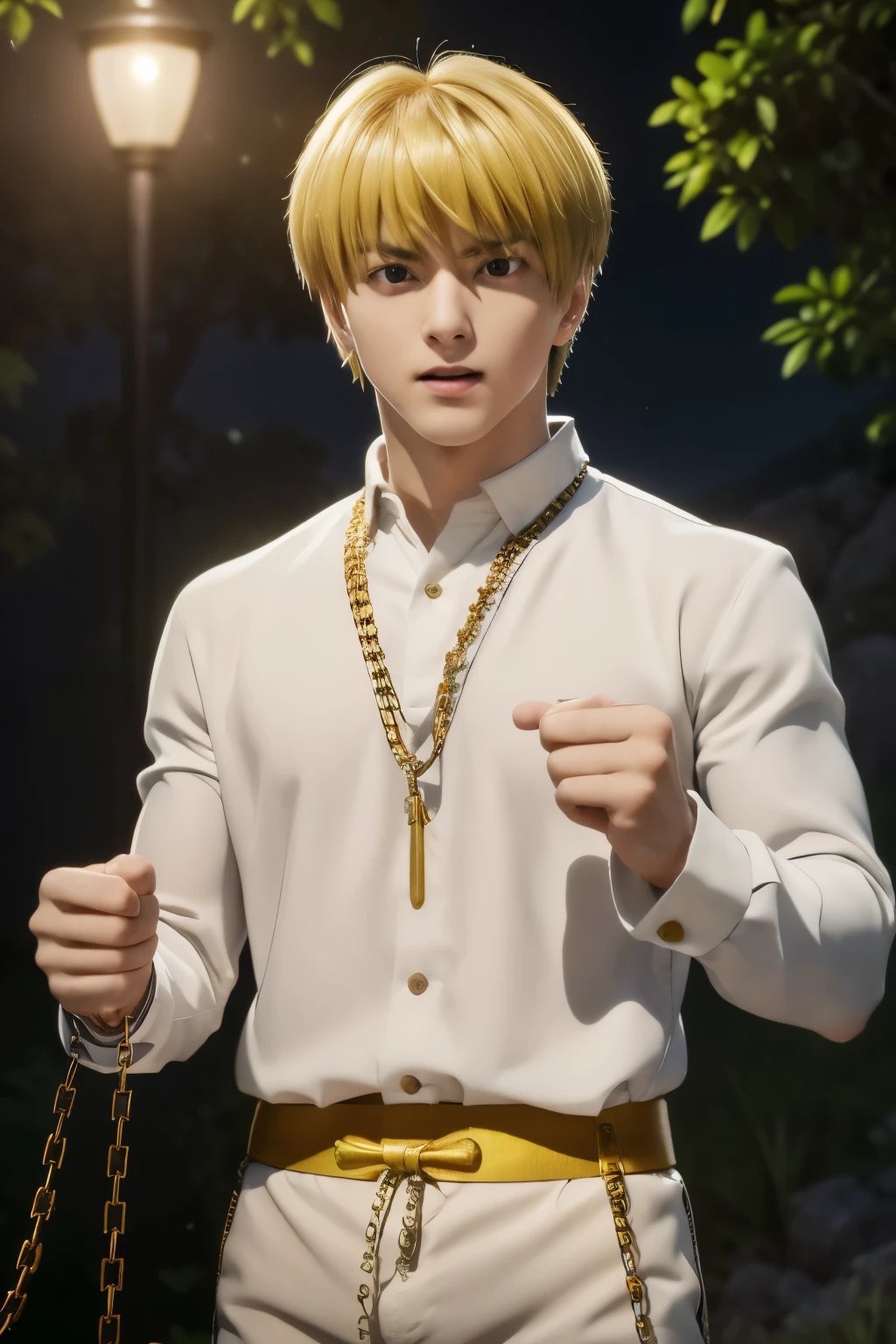 1boy, masterpiece, realistic, absurdres, best quality, high resolution, Kurapika, japanese boy, very handsome, perfect face, cute face, intricate detail, clear and beautiful detailed eyes, messy blonde short hair, shiny hair, bangs, blue tabard, white shirt, white pants, gold trim, holdig a chain, chains flying, slim muscular, handsome muscle, detailed skin, perfect hand, good anatomy, looking at camera, action scene, dynamic pose, playful expression, fantasy, night, tree, Moonlight at night, wilderness, flowers, skynight, studio lighting, soft light, upper body portrait, front view, Professional photography, 8K UHD,