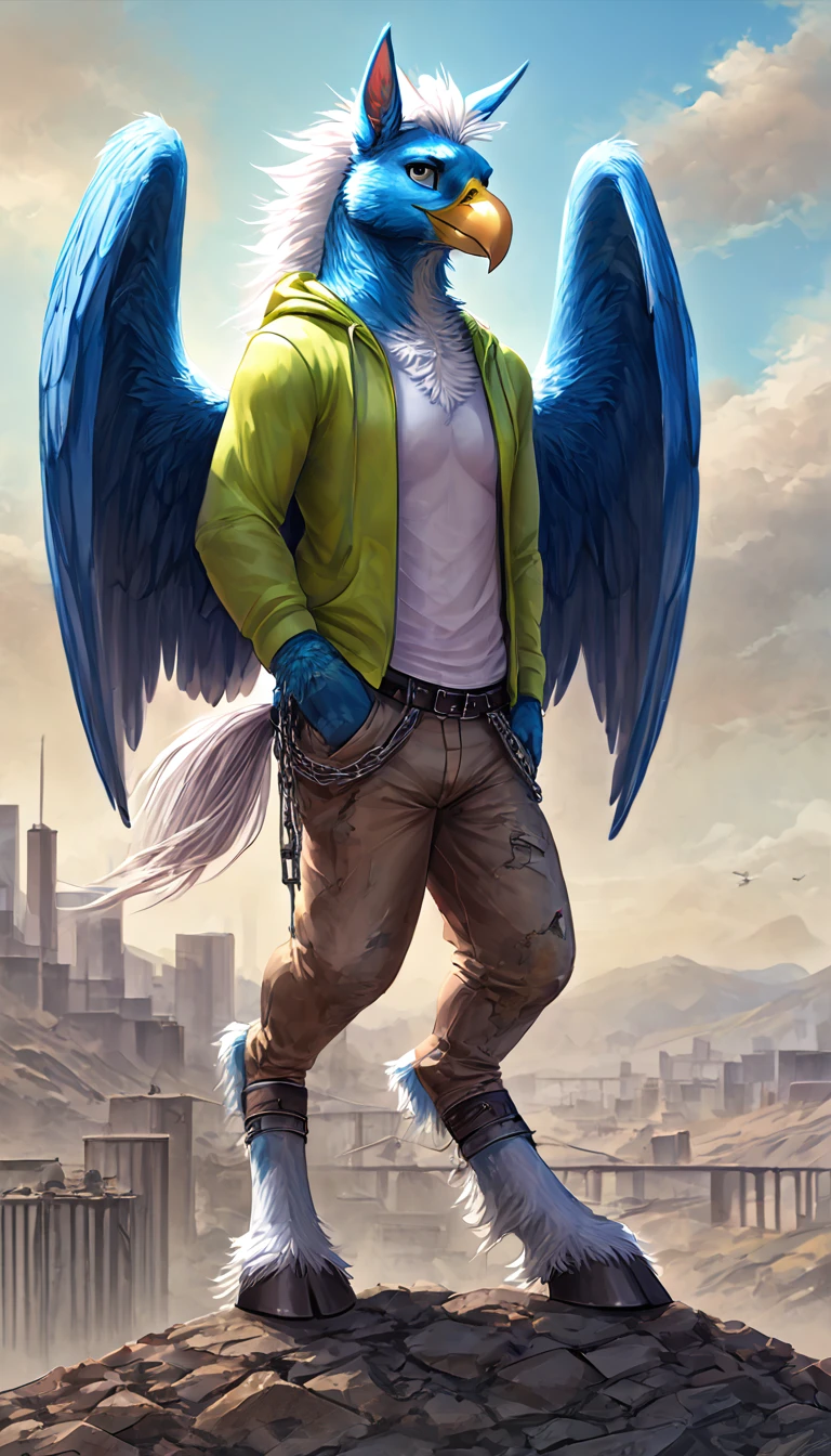 Illustration of an handsome hippogriff , blue fur and white mane, he wears a white shirt and lime hoodie along with baggy pants and chained belts, perfect anatomy, beak mouth, cool Eagle wings, he standing around in a valley looking up to the sky, smiling face, post-apocalyptic city background
