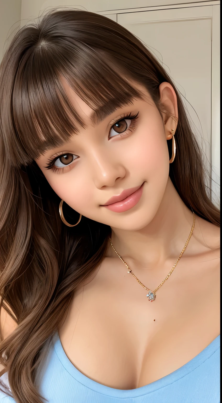 Amazing portrait of the upper body of a young woman who is 20 years old with a beautiful and highly detailed face and skin texture with fine brown eyes with double eyelid and thin eyebrows and glitter eyeliner with natural cheeks and shiny skin wearing pajamas paired with a sparkly necklace and earrings with glossy lips parted in an enchanting smile with wavy sorry e hair in diagonal bangs with a head band with focus on her chest and face with this upper body shot and her pajamas are off shoulder with small breasts