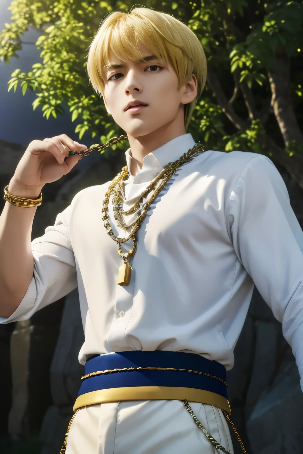 1boy, masterpiece, realistic, absurdres, best quality, high resolution, Kurapika, japanese boy, very handsome, perfect face, cute face, intricate detail, clear and beautiful detailed eyes, messy blonde short hair, shiny hair, bangs, blue tabard, white shirt, white pants, gold trim, holdig a chain, chains flying, slim muscular, handsome muscle, detailed skin, perfect hand, good anatomy, looking at camera, action scene, dynamic pose, playful expression, fantasy, night, tree, Moonlight at night, wilderness, flowers, skynight, studio lighting, soft light, upper body portrait, front view, Professional photography, 8K UHD,