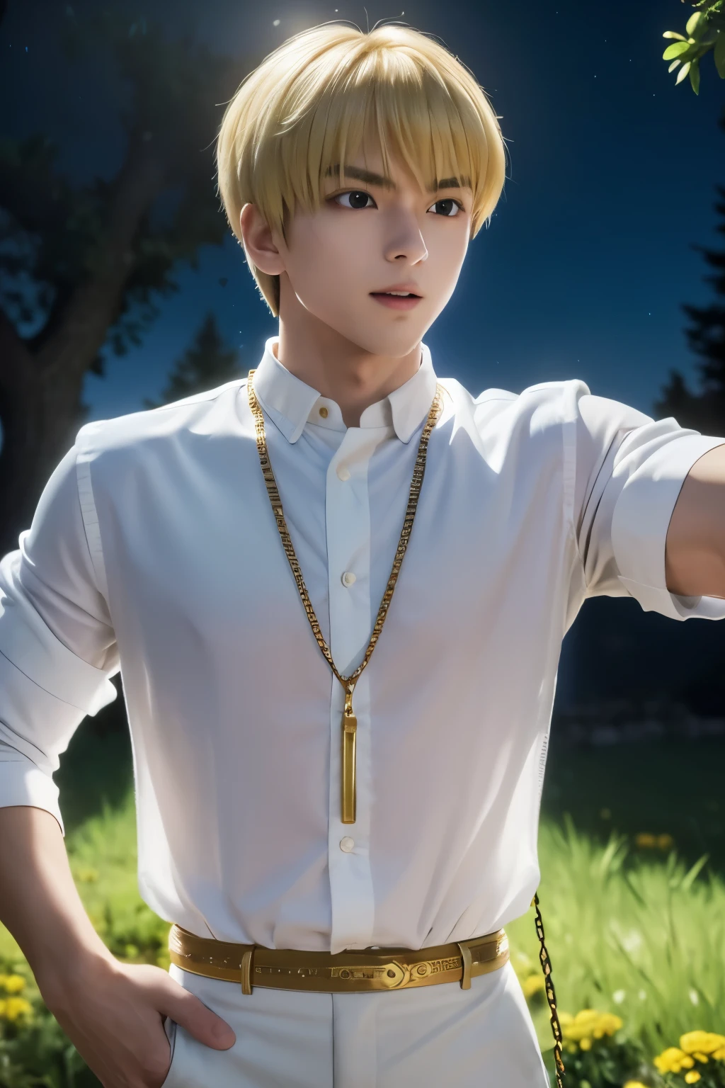 1boy, masterpiece, realistic, absurdres, best quality, high resolution, Kurapika, japanese boy, very handsome, perfect face, cute face, intricate detail, clear and beautiful detailed eyes, messy blonde short hair, shiny hair, bangs, blue tabard, white shirt, white pants, gold trim, holdig a chain, chains flying, slim muscular, handsome muscle, detailed skin, perfect hand, good anatomy, looking at camera, action scene, dynamic pose, playful expression, fantasy, night, tree, Moonlight at night, wilderness, flowers, skynight, studio lighting, soft light, upper body portrait, front view, Professional photography, 8K UHD,