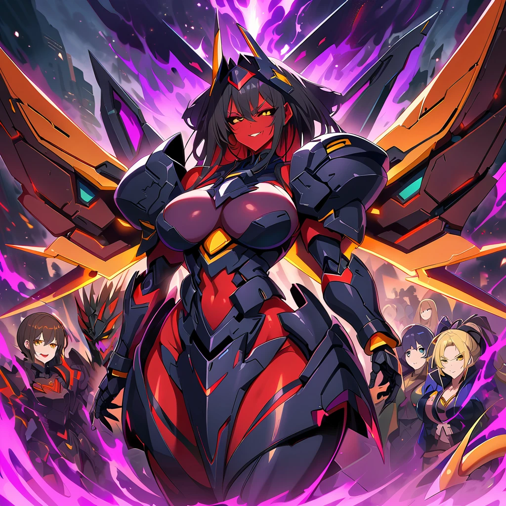 Anime, high detailed, multiple womans, mature womans, dark Ebony mecha armor, large mechanical wings, evil grin, large clawed Gauntlet, red skin, curvy body, long mechanical tail,black sclera、Colored sclera、crimson Colored skin、Yellow Eyes, elongated pupils,  Mature Woman、Black-purple aura、womans surrounding