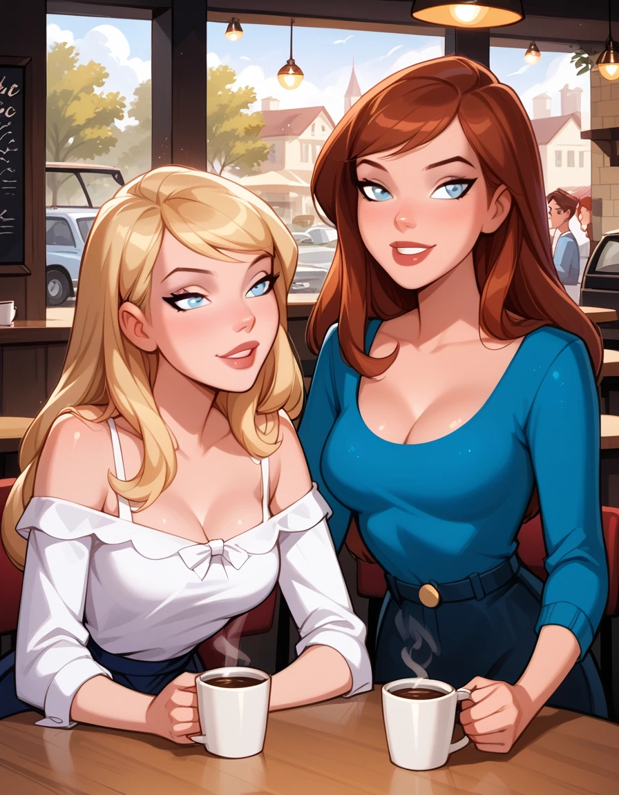 score_9, score_8_up, score_7_up, dcaustyle, source_cartoon, 2girls, duo, (Kara Zor-El, blonde:1.3) and (Barbara Gordon, reddish brown hair:1.2), wearing cute fashionable attire, cleavage, flirt, gaze, sexy look, half-closed eyes, filled lips, thick lips, makeup, on a romantic date, in love, sitting at a coffee shop in Paris, private table, two coffee mugs on the table, smiling, looking into one each others eyes from across the table, cowboy shot:1.5), expressiveh d4rk01l, perfect hands, perfect proportions.