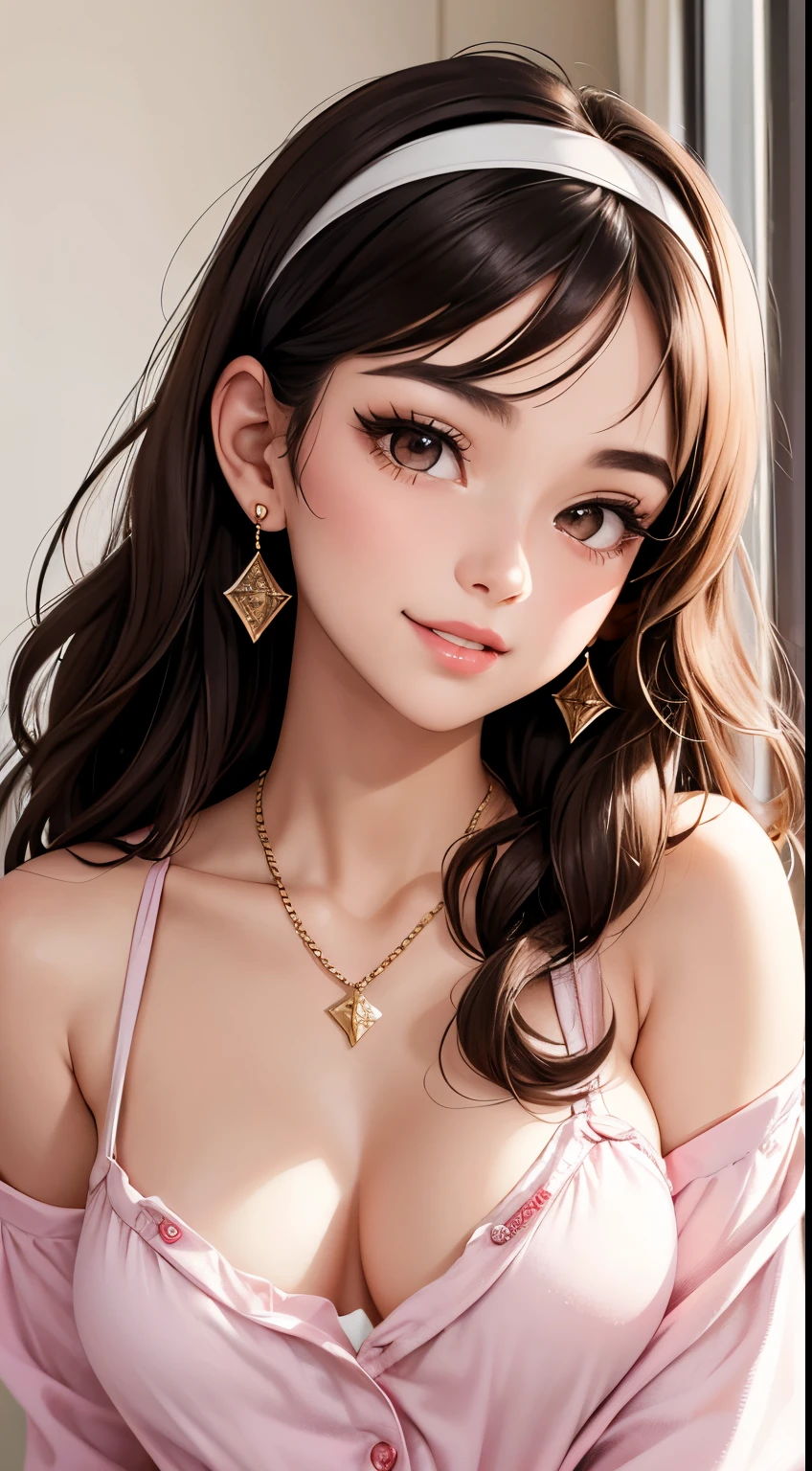 Amazing portrait of the upper body of a young woman who is 20 years old with a beautiful and highly detailed face and skin texture with fine brown eyes with double eyelid and thin eyebrows and glitter eyeliner with natural cheeks and shiny skin wearing pajamas paired with a sparkly necklace and earrings with glossy lips parted in an enchanting smile with wavy sorry e hair in diagonal bangs with a head band with focus on her chest and face with this upper body shot and her pajamas are off shoulder with small breasts