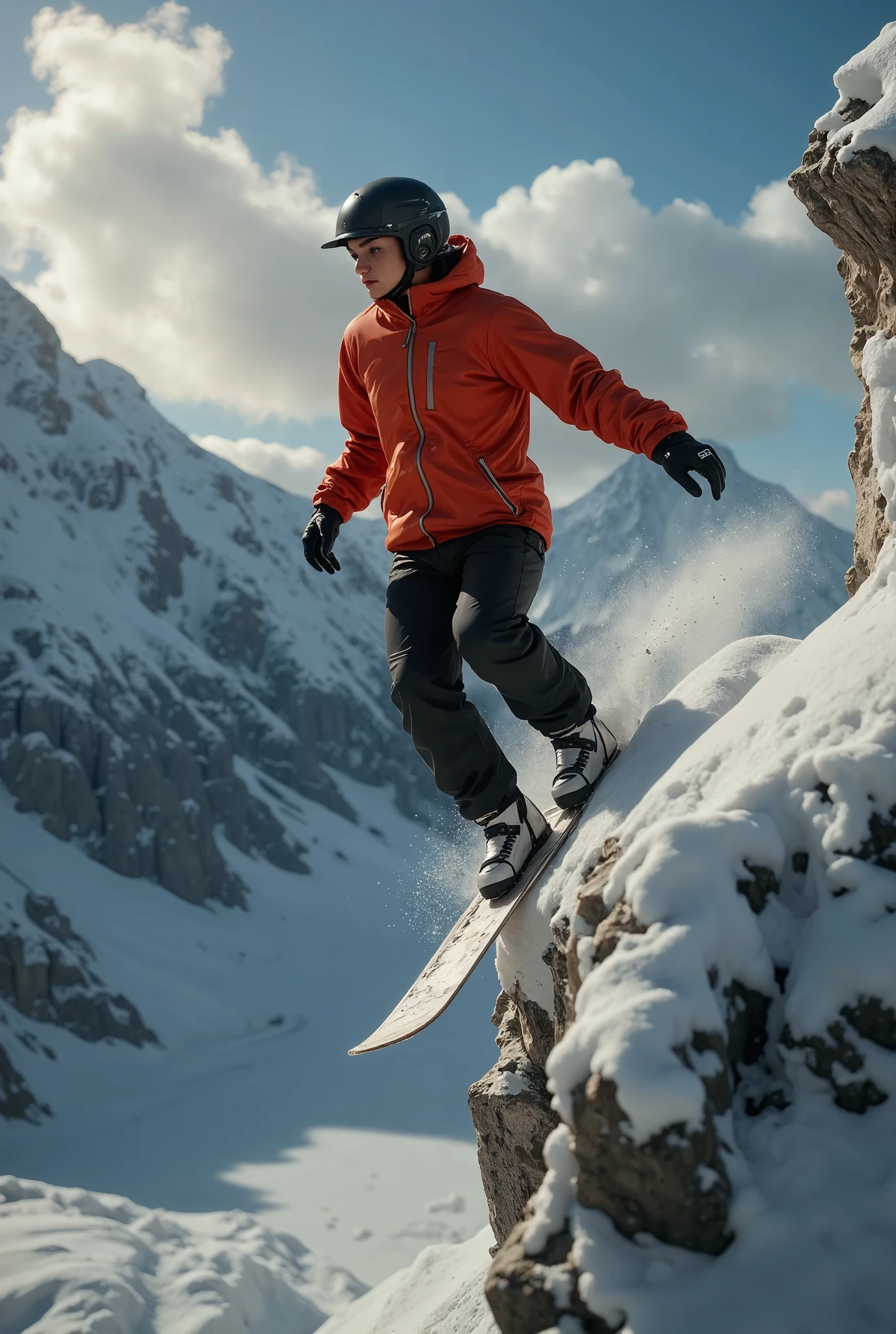 Create an impossibly dramatic, high-fidelity image of an extreme snow surfer, captured from a high-angle, third-person perspective just behind the surfer as they perform an impossible jump off a colossal, snow-covered cliff. The scene is set against a breathtaking, majestic snowy valley, with towering, jagged mountains and vast expanses of untouched snow stretching into the distance. The valley below is shrouded in mist and clouds, emphasizing the immense scale and isolation.

The snow surfer, mid-air, launches off a steep cliff that juts into the open void, with nothing but air beneath them and a dizzying drop into the valley below. The jump’s angle and height are beyond anything possible in real life, showcasing impossible danger. The snowboarder twists through the air, their board cutting through the cold atmosphere. Snow sprays behind, catching the sunlight and creating glistening particles that float like frozen sparks.

The snow surfer wears high-tech, futuristic snow gear, with aerodynamic designs and vibrant colors standing out against the stark white snow. Their stance exudes control and skill, defying the laws of physics in this perilous environment.

The background features an awe-inspiring, panoramic view of the snowy valley, with towering mountains casting long shadows. The clouds swirl around the peaks, partially obscured by mist, as the sun casts a golden light over the snow and icy surfaces.

This image conveys the impossible danger and awe of the jump, with extreme height and hazardous terrain making it clear that no real snowboarder could survive such a stunt. The impossible physics and stunning landscape create a surreal, heart-stopping moment of frozen beauty and ultimate risk.