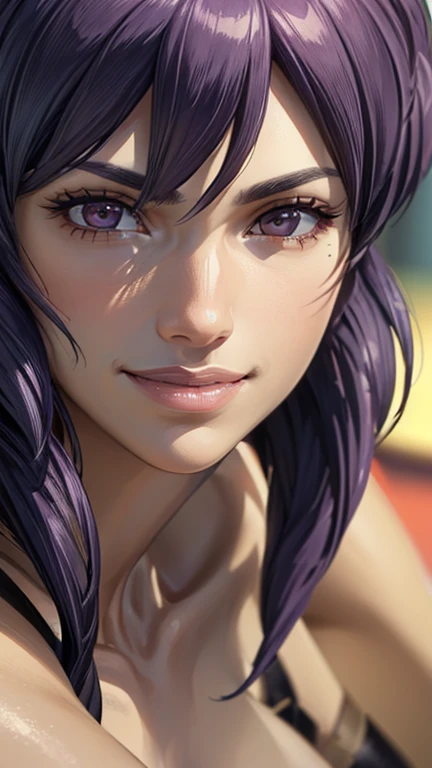 ("Smiling face": 1.5), Lavender medium hair, Tube top, (Close-up portrait of face: 1.5), (Best Quality, 4k, 8k, High Resolution, Masterpiece: 1.2), Ultra Detailed, (Realistic, Photorealistic, Photorealistic: 1.37), HDR, UHD, Studio Lighting, Ultra Fine Painting, Sharp Focus, Physically Based Rendering, Highly Detailed, Professional, Vivid colors, Bokeh, Exquisite details, Cinematic lighting, Warm tones, Natural skin tones, Beautifully detailed eyes, Beautifully detailed lips, Highly detailed eyes and face, Long eyelashes, Calm expression, Staring straight into the camera. "Kusanagi Motoko"