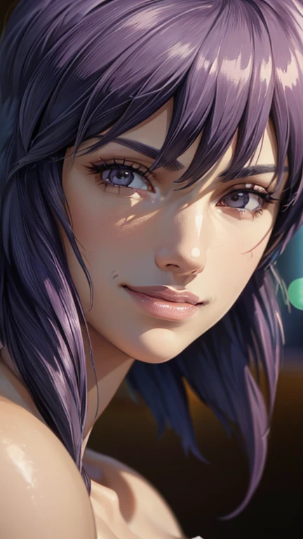 ("Smiling face": 1.5), Lavender medium hair, Tube top, (Close-up portrait of face: 1.5), (Best Quality, 4k, 8k, High Resolution, Masterpiece: 1.2), Ultra Detailed, (Realistic, Photorealistic, Photorealistic: 1.37), HDR, UHD, Studio Lighting, Ultra Fine Painting, Sharp Focus, Physically Based Rendering, Highly Detailed, Professional, Vivid colors, Bokeh, Exquisite details, Cinematic lighting, Warm tones, Natural skin tones, Beautifully detailed eyes, Beautifully detailed lips, Highly detailed eyes and face, Long eyelashes, Calm expression, Staring straight into the camera. "Kusanagi Motoko"