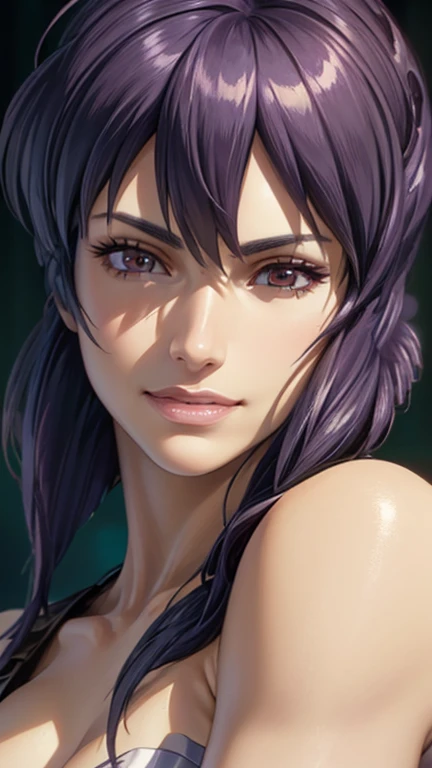 ("Smiling face": 1.5), Lavender medium hair, Tube top, (Close-up portrait of face: 1.5), (Best Quality, 4k, 8k, High Resolution, Masterpiece: 1.2), Ultra Detailed, (Realistic, Photorealistic, Photorealistic: 1.37), HDR, UHD, Studio Lighting, Ultra Fine Painting, Sharp Focus, Physically Based Rendering, Highly Detailed, Professional, Vivid colors, Bokeh, Exquisite details, Cinematic lighting, Warm tones, Natural skin tones, Beautifully detailed eyes, Beautifully detailed lips, Highly detailed eyes and face, Long eyelashes, Calm expression, Staring straight into the camera. "Kusanagi Motoko"