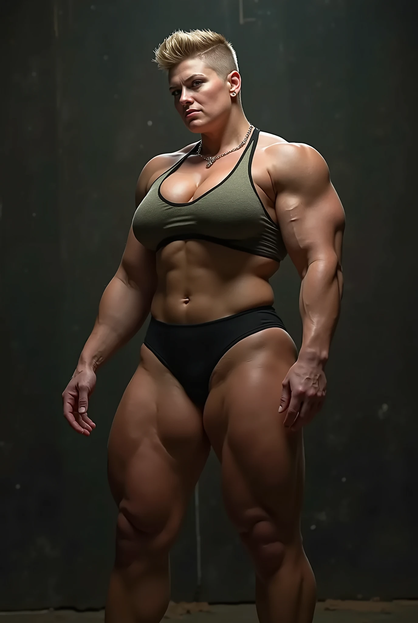 Best quality, masterpiece, detailed, perfect face, HDR, 8k, ultra resolution, Realistic, details texture skin, white skin, bright skin, mature (tomboy) female with saggy breast, sagging breast, big breast, muscular body, bodybuilder, big muscle, strong muscle, athletic body, tall body, short hair, blonde hair, blue eyes, big nipples, dark nipples, nude, naked, pubic hair, vagina hair, clitoris, perfect body, perfect anatomy, eyes looking forward, standing pose, full body, barefoot