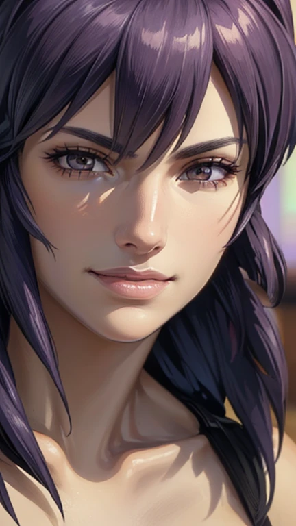 ("Smiling face": 1.5), Lavender medium hair, Tube top, (Close-up portrait of face: 1.5), (Best Quality, 4k, 8k, High Resolution, Masterpiece: 1.2), Ultra Detailed, (Realistic, Photorealistic, Photorealistic: 1.37), HDR, UHD, Studio Lighting, Ultra Fine Painting, Sharp Focus, Physically Based Rendering, Highly Detailed, Professional, Vivid colors, Bokeh, Exquisite details, Cinematic lighting, Warm tones, Natural skin tones, Beautifully detailed eyes, Beautifully detailed lips, Highly detailed eyes and face, Long eyelashes, Calm expression, Staring straight into the camera. "Kusanagi Motoko"