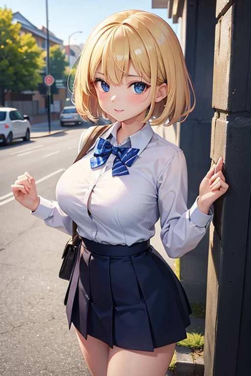 sexy schoolar  girl, blondy, 2 largetails hairstyle cute, schoolar blue white clothes, skinny, kinky smiling, kinky eyes, perfect hands, street environment, micro skirt, blush, embarrassed